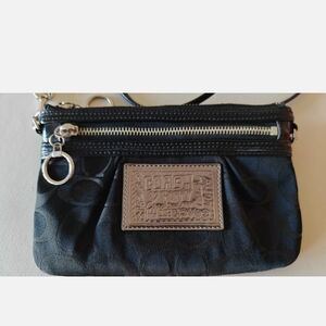 Coach Black Leather Wristlet with Silver Accents